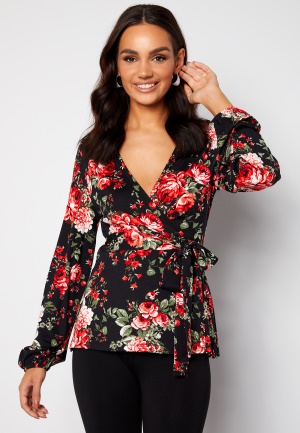 Happy Holly Amanda puff sleeve wrap top Black / Patterned 32/34