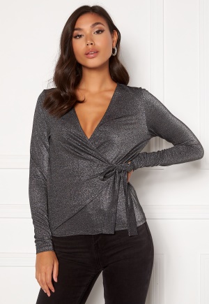 VERO MODA Shine L/S Fake Wrap Top Black/Silver Lurex XS