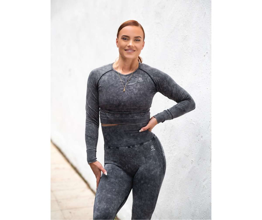 M-NUTRITION Sports Wear Washed Long Sleeve Crop Top, Washed Black