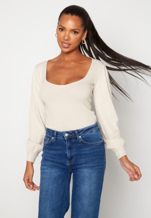 BUBBLEROOM Minnie fine knitted puff sleeve top Light beige S