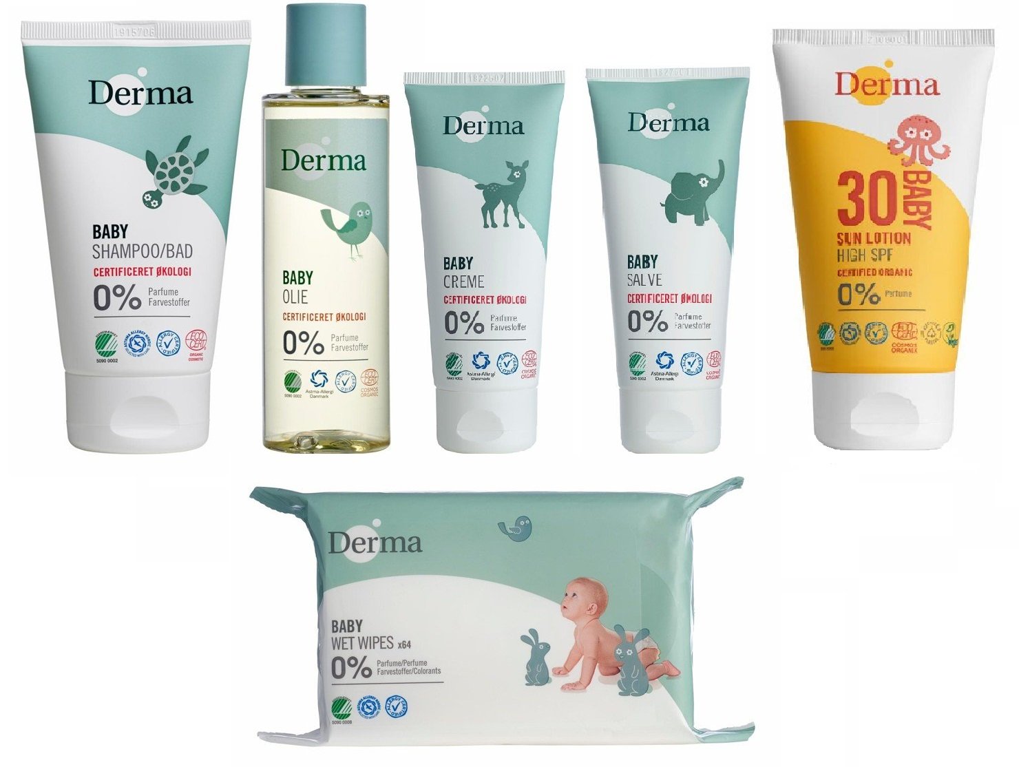 Derma - Eco Baby Shampoo/Bath 150 ml + Oil 150 ml + Cream 100 ml + Ointment 100 ml + Sun Lotion SPF 30 150 ml + Wet Wipes 64 pcs