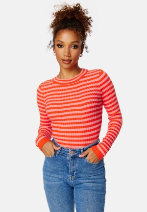 Pieces Crista LS O-Neck Knit Strawberry Pink Stri L