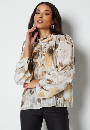 VILA Jamin Highneck L/S Plisse Top Birch AOP: AOP 38