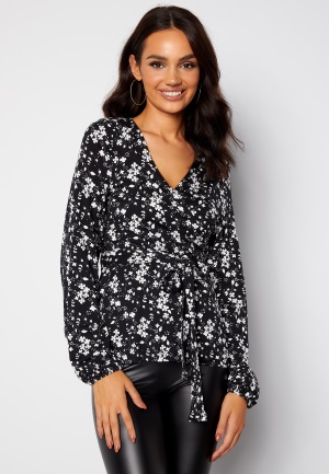 Happy Holly Amanda puff sleeve wrap top Black / Floral 32/34